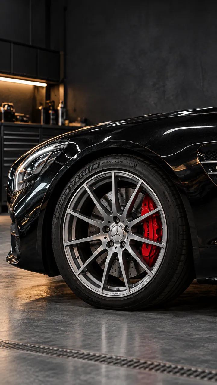 Siyah Mercedes-AMG GT’nin ön jantı ve kırmızı fren kaliperi