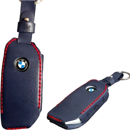 Lacivert hakiki deri, kırmızı el dikişli BMW anahtar kılıfı